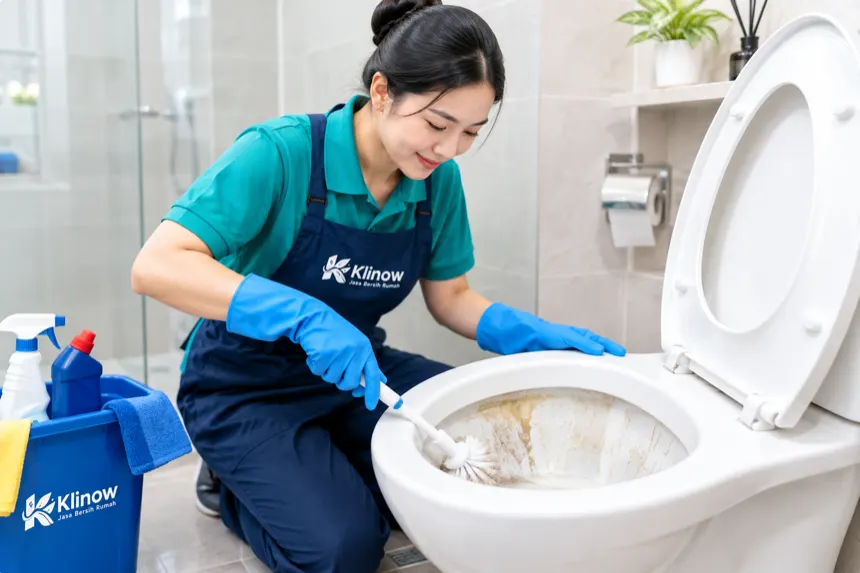 Petugas Klinow membersihkan toilet yang berkerak hingga bersih