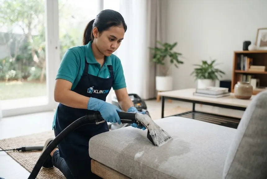 Petugas Klinow membersihkan sofa dengan proses extraction cleaning